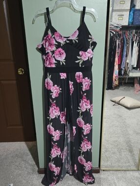 No Boundaries Black Jumpsuit with Pink Floral Print